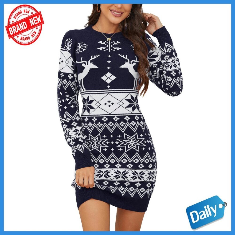 Festive Oversized Pullover Sweater Dress Long Sleeve Crew Neck